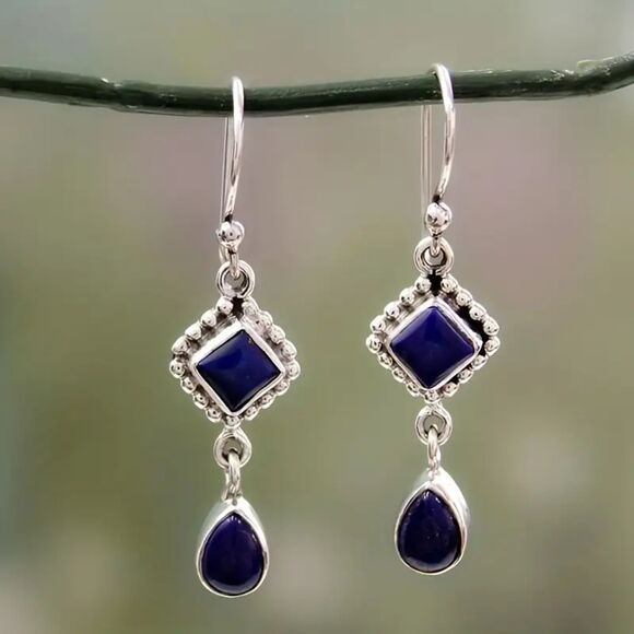 unbranded Jewelry - Silver Plated Faux Lapis Lazuli Embellish Long Teardrop & Square Dangle Earrings